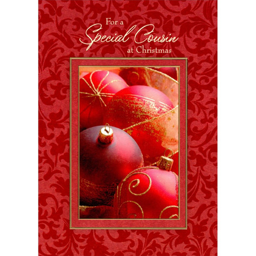 Red and Gold Ornaments in Foil Frame on Dark Red Cousin Christmas Card: For a Special Cousin at Christmas