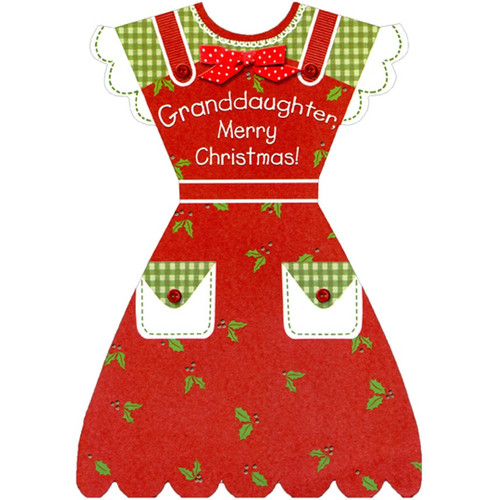 Die Cut Red and Green Dress with Holly Patterns Juvenile Christmas Card for Young Granddaughter: Granddaughter, Merry Christmas!