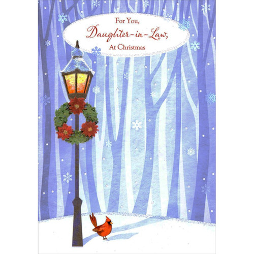 Lamppost, Wreath, Cardinal and Falling Snowflakes on Light Blue Daughter-in-Law Christmas Card: For You, Daughter-in-Law, At Christmas
