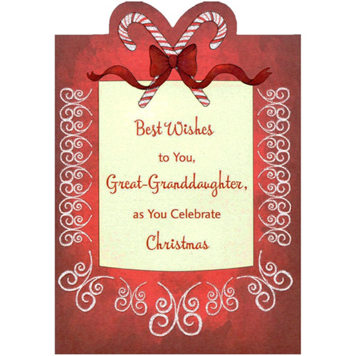 Candy Canes, Red Bow and White Glitter Swirls Die Cut Great-Granddaughter Christmas Card: Best Wishes to You, Great-Granddaughter, as You Celebrate Christmas