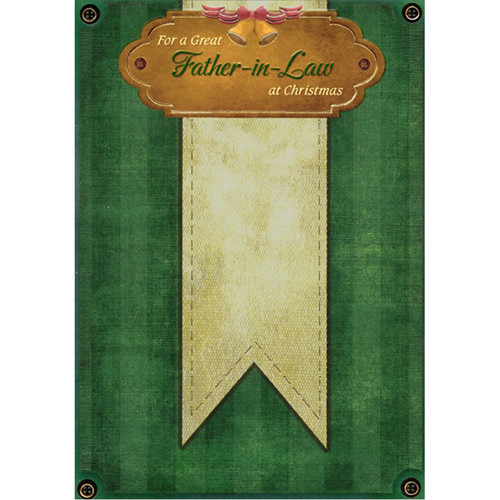 Gold Ribbon on Dark Green : Black and Gold Circles at Corners Father-in-Law Christmas Card: For a Great Father-in-Law at Christmas