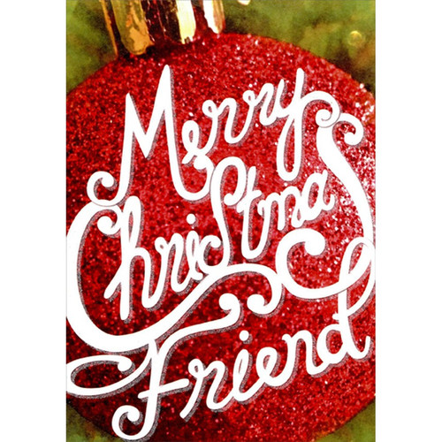Sparkling Red and Gold Ornament Closeup Photo Friend Christmas Card: Merry Christmas Friend