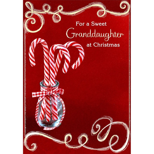 3 Candy Canes in Glass Jar Photograph on Dark Red Granddaughter Christmas Card: For a Sweet Granddughter at Christmas