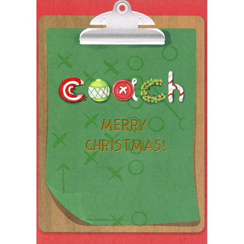 Clipboard, Green Paper and Ornaments Coach Christmas Card: Coach - Merry Christmas!