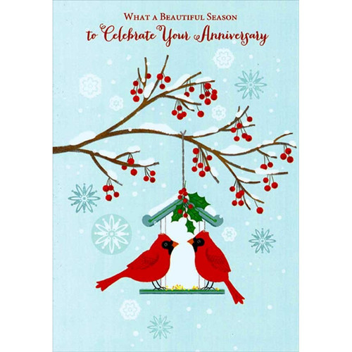 Two Cardinals on Teal and White Birdhouse Christmas Wedding Anniversary Card: What A Beautiful Season to Celebrate Your Anniversary