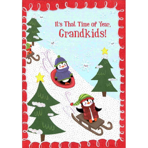 Two Cute Penguins Riding Sleds Down a Hill Juvenile Grandkids Christmas Card for Young Children : Kids: It's That Time of Year, Grandkids!