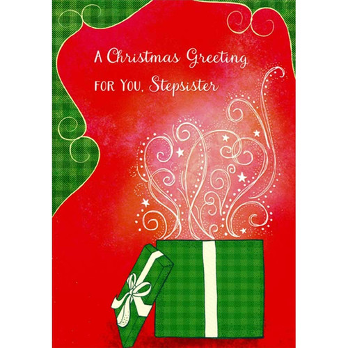 Green Present with Magical Swirls on Red Stepsister Christmas Card: A Christmas Greeting For You, Stepsister