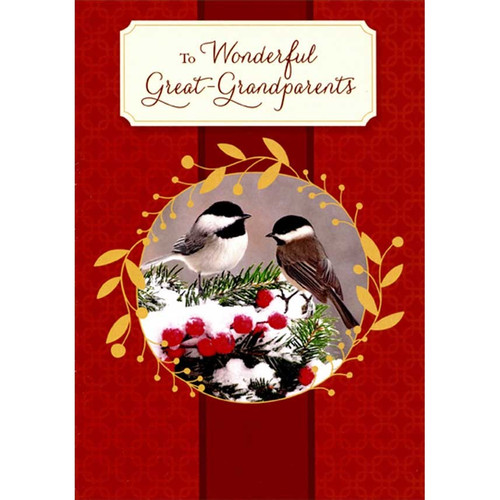 Two Chickadees Perched on Snow Covered Evergreen Branch Great-Grandparents Christmas Card from Adult: To Wonderful Great-Grandparents