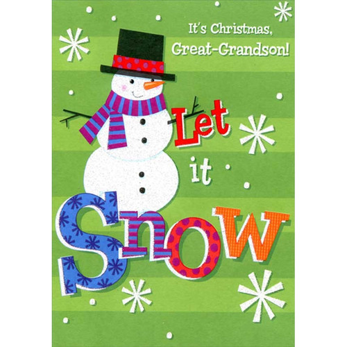 Sparkling Glitter Snowman with Purple and Blue Scarf : Let it Snow Juvenile Great-Grandson Christmas Card for Young Boy: It's Christmas, Great-Grandson - Let it Snow