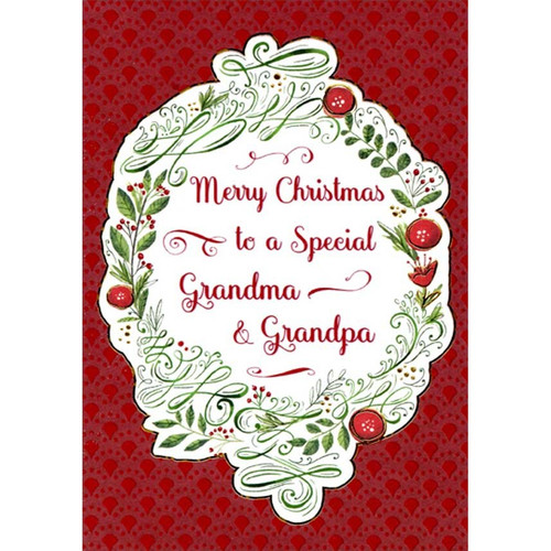 Oval Frame : Green Plants, Vines and Red Flowers : Burgundy Border Grandma and Grandpa Christmas Card from Adult: Merry Christmas to a Special Grandma & Grandpa