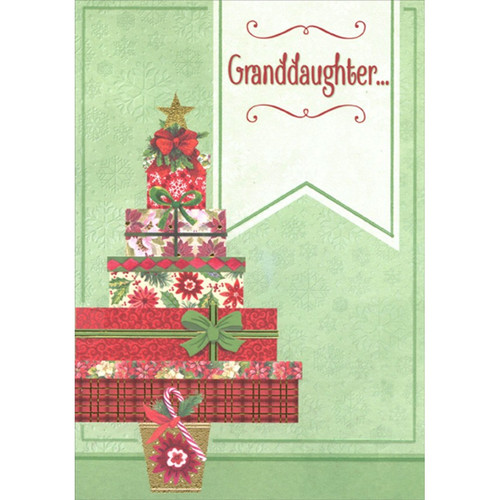 Presents Stacked in the Shape of a Tree Granddaughter Christmas Card: Granddaughter…