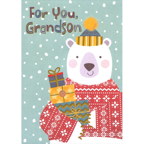 Polar Bear Wearing Red Sweater and Yellow Hat Juvenile Christmas Card for Young Grandson: For You, Grandson