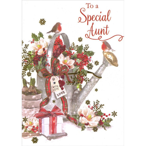 Watering Can Filled with Flowers : 2 Small Birds Aunt Christmas Card: To a Special Aunt