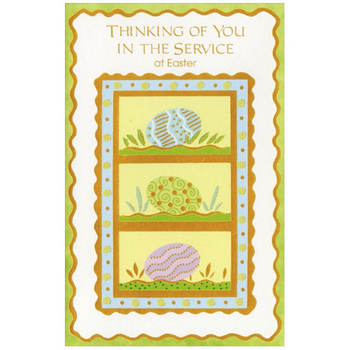 Three Eggs with Gold Borders: Military Service Easter Card: Thinking of You in the Service at Easter