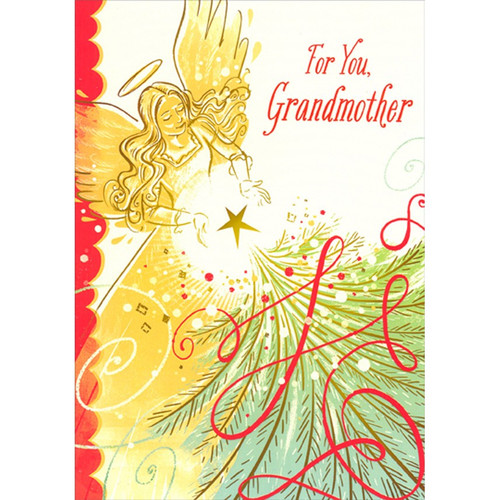 Gold Angel Placing Star on Tree : Red Swirls Religious Christmas Card for Grandmother: For You, Grandmother