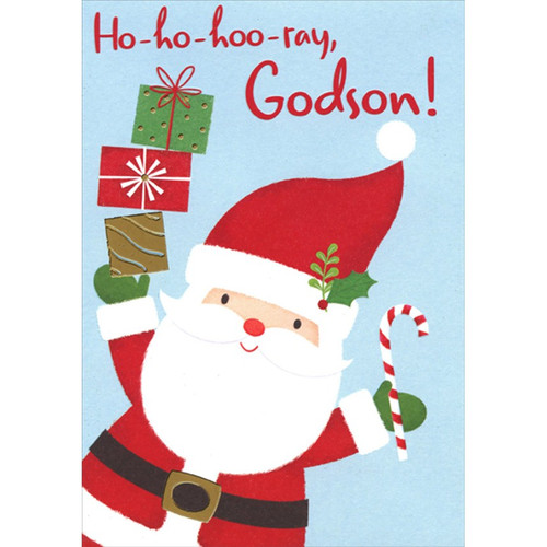 Cute Santa Holding Stack of Gifts and Candy Cane Juvenile Christmas Card for Young Godson: Ho-ho-hoo-ray, Godson!