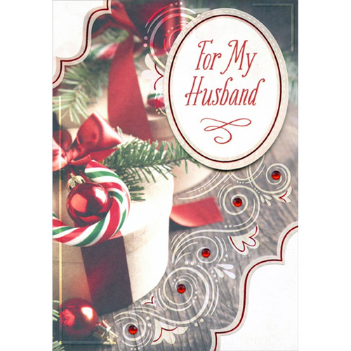 Oval 3D Banner, Red Gems, Red Foil : Present and Candy Cane Keepsake Hand Decorated Christmas Card for Husband: For My Husband