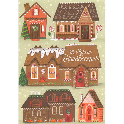 Five Brown Houses with Candy Decorations Housekeeper Christmas Card: To a Great Housekeeper