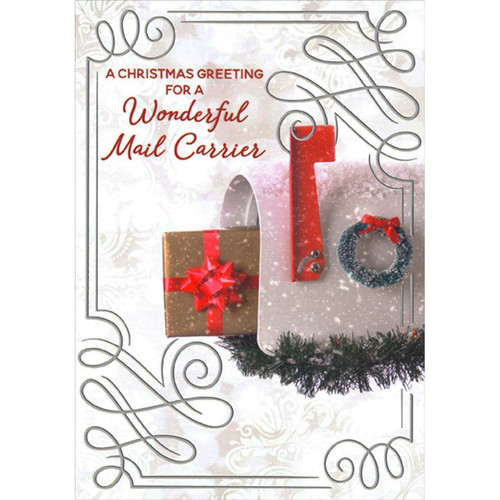 Gold Wrapped Present with Red Bow in White Mailbox Mail Carrier Christmas : Holiday Card: A Christmas Greeting For A Wonderful Mail Carrier