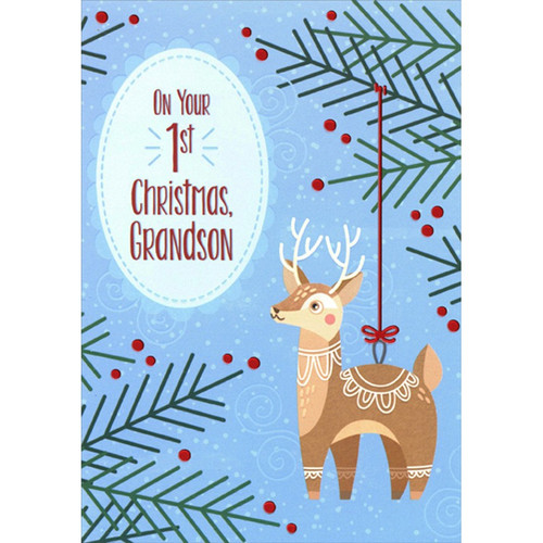 Reindeer Ornament : Red Foil String on Light Blue Baby Grandson's 1st : First Christmas Card: On Your 1st Christmas, Grandson