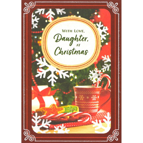 Red Mug with White Snowflakes, Candy Canes and Cookies Photo Daughter Christmas Card: With Love, Daughter, At Christmas