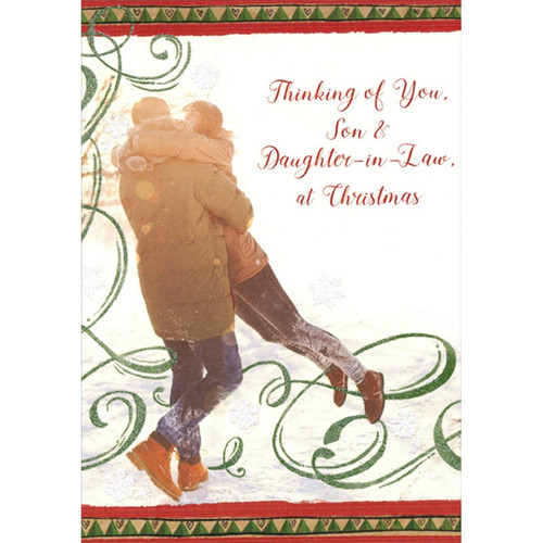 Woman Leaping Into Man's Arms : Green Swirls Christmas Card for Son and Daughter-in-Law: Thinking of you, Son & Daughter-in-Law, at Christmas