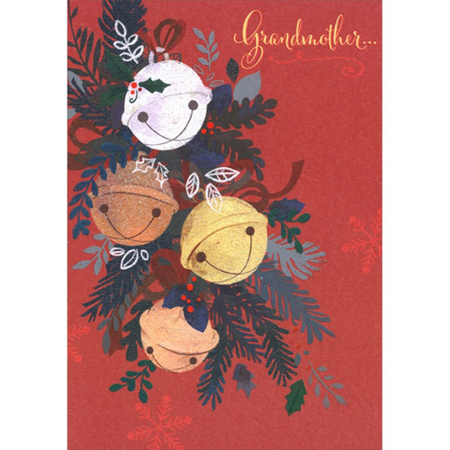 White, Bronze and Gold Jingle Bells on Dark Red Grandmother Christmas Card: Grandmother…