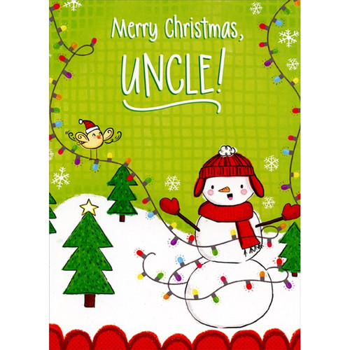 Cute Snowman and Yellow Bird Wearing Red Hats : String Lights Juvenile Uncle Christmas Card from Child : Kid: Merry Christmas, Uncle!