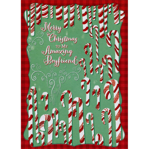 Candy Canes with Red Foil Stripes on Light Green Boyfriend Christmas Card: Merry Christmas To My Amazing Boyfriend