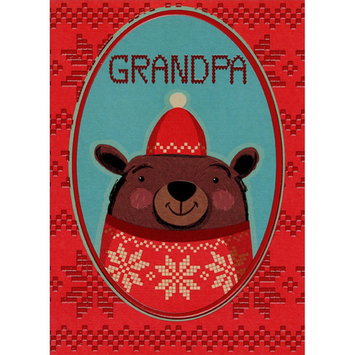 Bear Wearing Red Sweater and Hat : Red Foil Oval Frame Juvenile Grandpa Christmas Card from Child : Kid: Grandpa