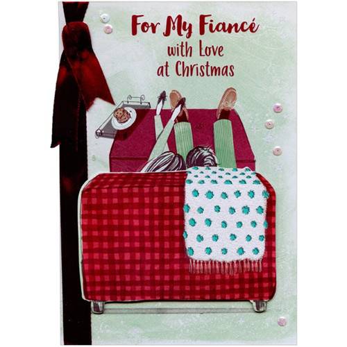 Couple on Red Checkered Couch with Burgundy Ribbon 3D Hand Decorated Premier Collection Keepsake Christmas Card for My Fiance: For My Fiance with Love at Christmas