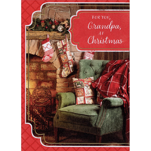 Green Chair and Red Blanket Near Brick Fireplace Grandpa Christmas Card: For You, Grandpa, at Christmas