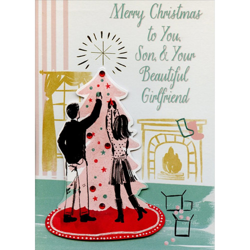 Couple Decorating Pink Tree with Red Gem Ornaments 3D Hand Decorated Premier Collection Keepsake Christmas Card for Son and Girlfriend: Merry Christmas to You, Son, and Your Beautiful Girlfriend
