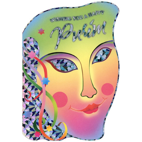 Mask with Holographic Foil Eyes and Trim Die Cut Purim Card: Wishing You A Happy Purim