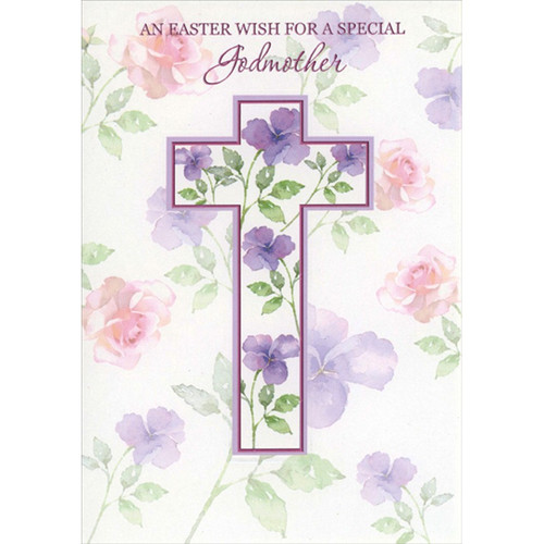 Purple Flowers Inside Pink Foil Trimmed Cross Religoius Easter Card for Godmother: An Easter Wish for a Special Godmother