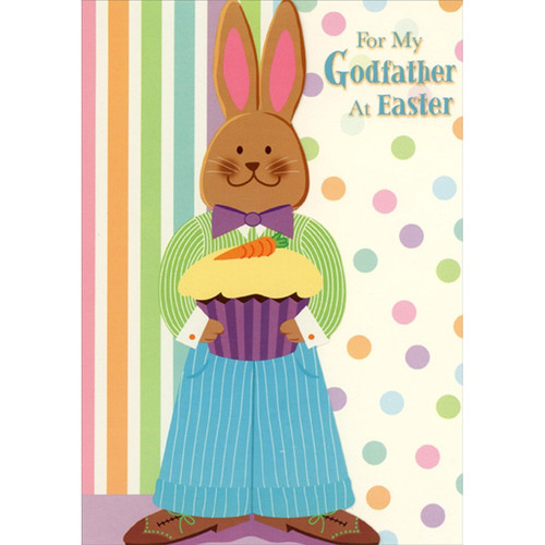 Rabbit in Purple Bow Tie Holding Large Cupcake Die Cut Juvenile Godfather Easter Card from Young Child : Kid: For My Godfather at Easter