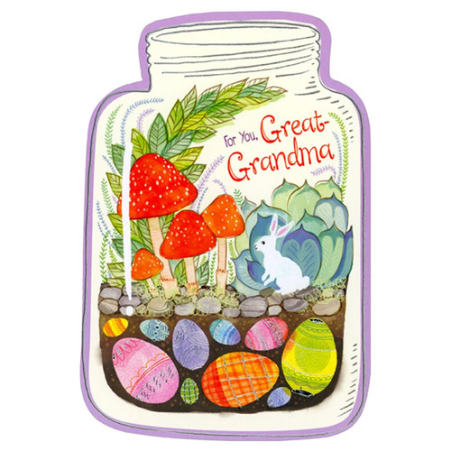 Mason Jar, White Rabbit, Red Mushrooms and Colorful Eggs Juvenile Easter Card for Great-Grandma: For You, Great-Grandma