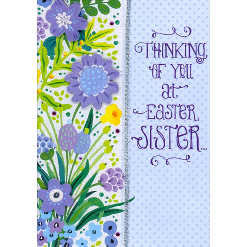 Die Cut 3D Purple Flowers, Purple Gems, Silver Ribbon Sister Hand Decorated Premier Collection Thinking of You Easter Card: Thinking of You at Easter, Sister…