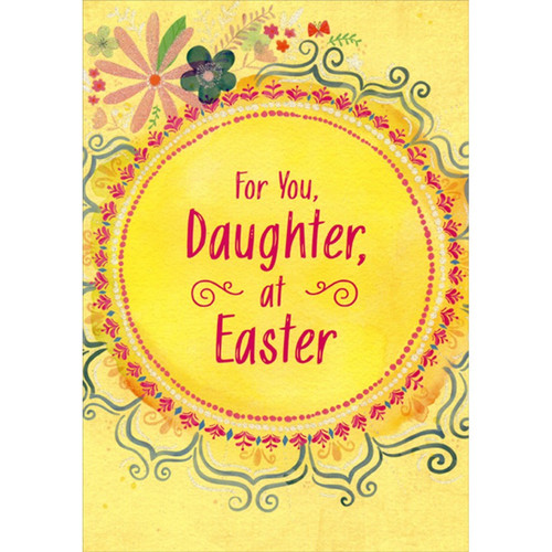 Small Pink Flowers in Circle Around Bright Yellow Circle Easter Card for Pre-Teen Daughter: For You, Daughter, at Easter