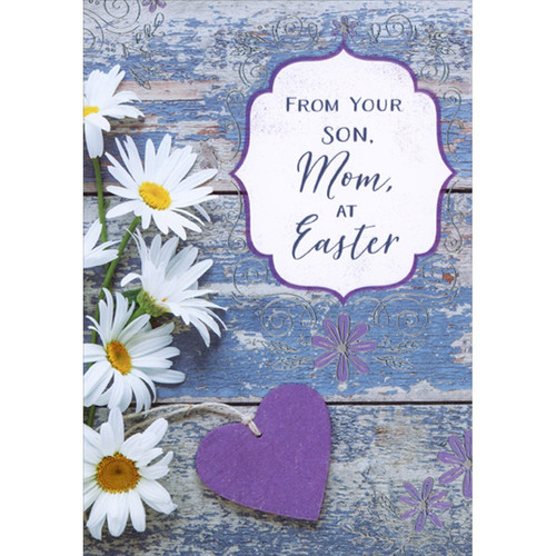 Five Daisies and Purple Tag on Weathered Blue Wood Mom Easter Card from Son: From Your Son, Mom, at Easter