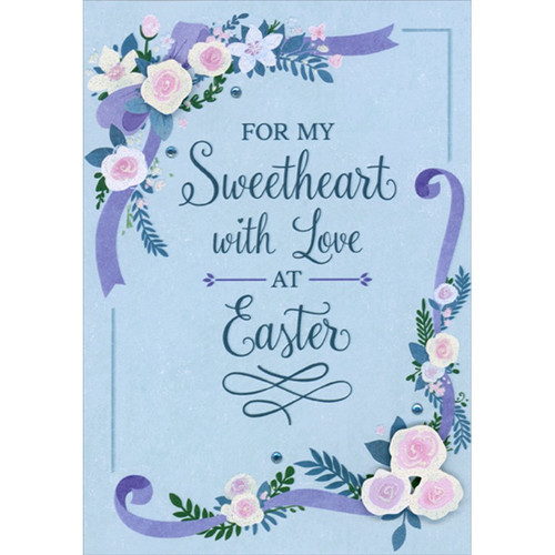 Shimmering 3D Tip On White and Pink Flowers and Blue Gems on Light Blue Hand Decorated Sweetheart Easter Card for Wife, Husband, Girlfriend, Boyfriend: For My Sweetheart with Love at Easter