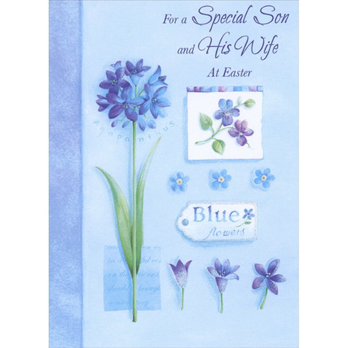 Blue and Purple Flower with Tall Green Stem on Light Blue Son and Wife Easter Card: For a Special Son and His Wife at Easter