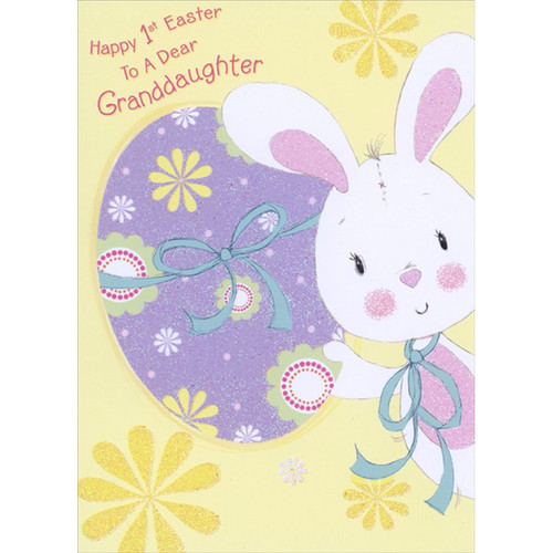 Cute White Bunny Holding Large Sparkling Purple Egg on Yellow Background 1st : First Easter Card for Granddaughter: Happy 1st Easter to a Dear Granddaughter
