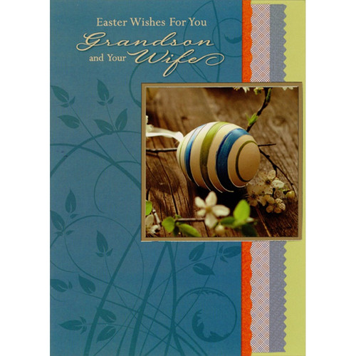 Blue and Green Striped Egg Photo with Foil Border on Blue Die Cut Grandson and Wife Easter Card: Easter Wishes For You Grandson and Your Wife