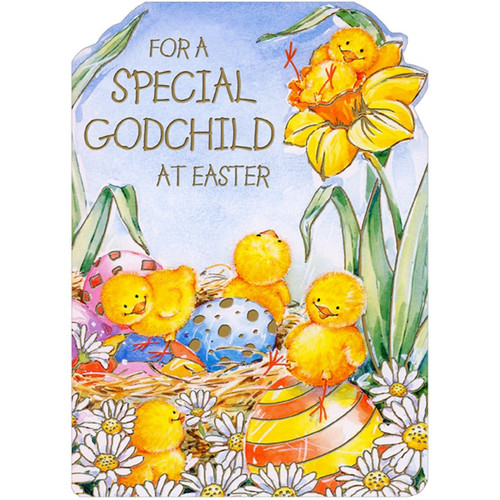 Chicks Playing on Colorful Eggs and Yellow Flower Die Cut Juvenile Easter Card for Godchild: For a Special Godchild at Easter