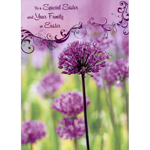 Purple Flower Closeup Photo : Swirling Silver Foil and Purple Vines Sister and Family Easter Card: For a Special Sister and Your Family at Easter
