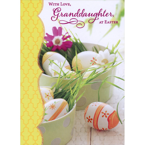 Two Spotted Bowls : Eggs with Orange and Yellow Artwork Granddaughter Easter Card: With Love, Granddaughter, at Easter