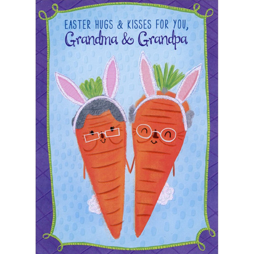 Two Carrots with Glasses, Bunny Ears and Tails Holding Hands Juvenile Easter Card for Grandma and Grandpa: Easter Hugs and Kisses For You, Grandma and Grandpa