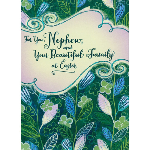 Dark Green, Blue Foil and White Leaves : Swirling Blue Foil Lines Nephew and Family Easter Card: For You, Nephew, and Your Beautiful Family at Easter