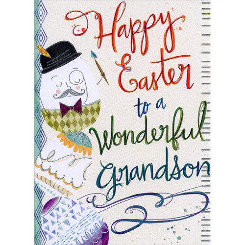 Egg Wearing Bowler Hat and Monocle Holding Paint Brush Grandson Easter Card: Happy Easter to a Wonderful Grandson